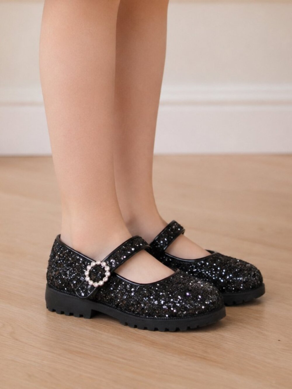 A Lil Dream Girls Black Glitter Mary Jane Flats Size 9 Hook & Loop Shoes